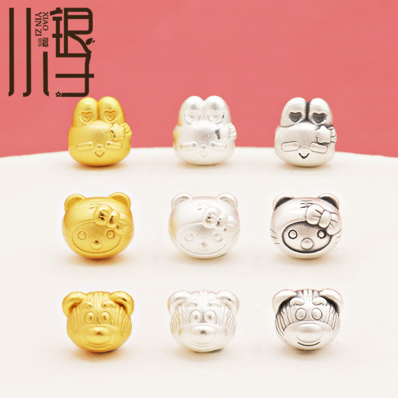 足银隔珠 3D硬银卡通兔子头小熊猫咪可爱三色隔珠S999纯银DIY配件 - 图0