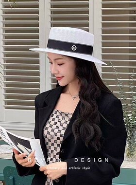 RevRin网红草帽女夏天复古英伦平顶礼帽韩版小清新沙滩防晒遮阳帽