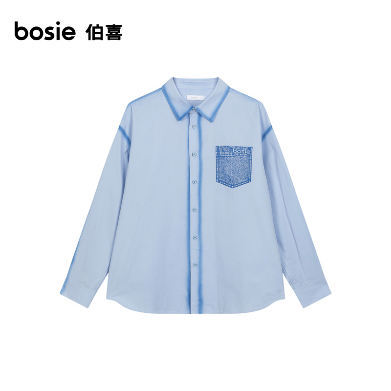 bosie2024年春季新款长袖衬衫男情侣印花喷色牛仔贴袋宽松外套潮