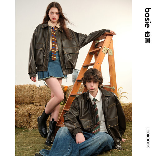 bosie伯喜2025年秋季新款复古做旧水洗pu皮衣外套男情侣夹克百搭 - 图0