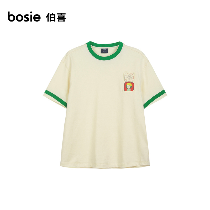 【小王子】bosie夏季新款短袖T恤男情侣假两件撞色套头上衣体恤潮