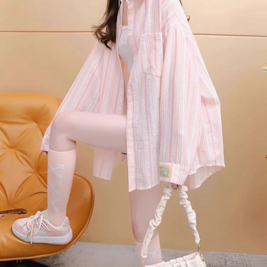 大码宽松百搭防晒衬衫女纯棉夏季新款轻薄款条纹高级感防晒衣外穿 - 图1