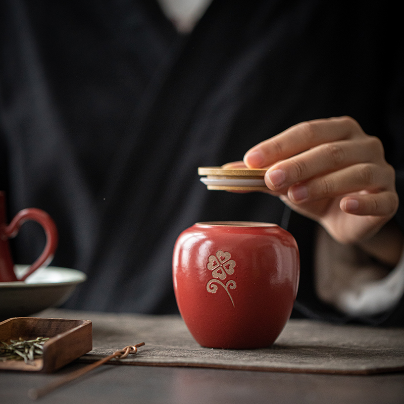 草木祠粗陶红运茶叶罐密封罐高档日式醒茶罐陶瓷小号茶道存茶罐-图1