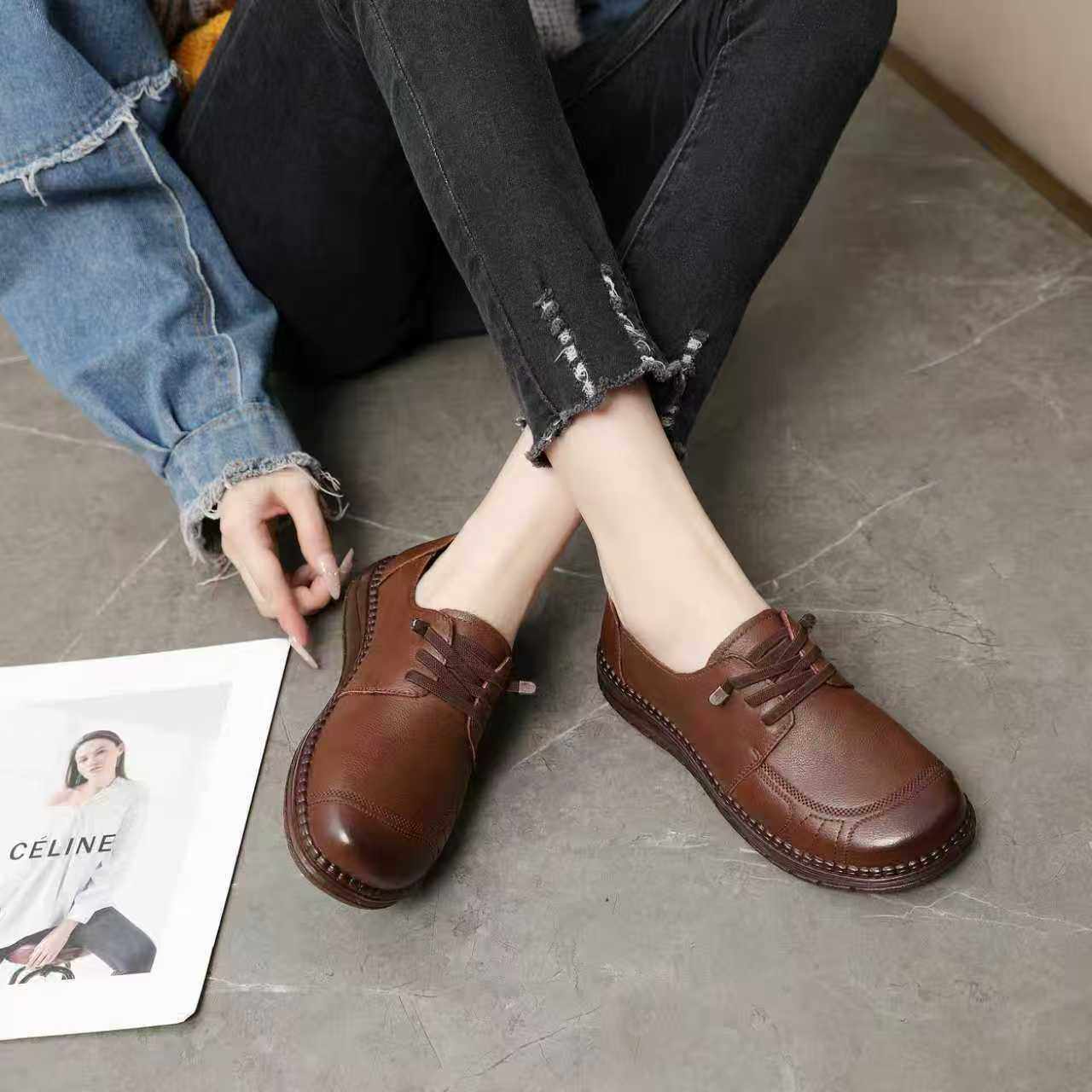 头层牛皮春秋软底防滑平底中老年妈妈鞋女不累脚皮鞋舒适深口单鞋,淘宝优惠券,粉丝福利购,淘宝优惠卷