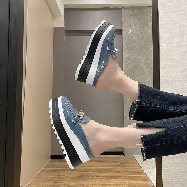 Korean style thick-soled toe-cap half slippers with chain, large size women's shoes