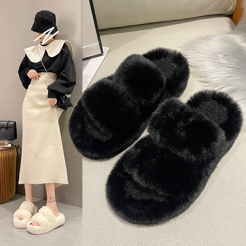 大码女鞋41一43仙女风毛毛拖鞋女外穿2025秋冬新款厚底防滑一字拖 - 图0