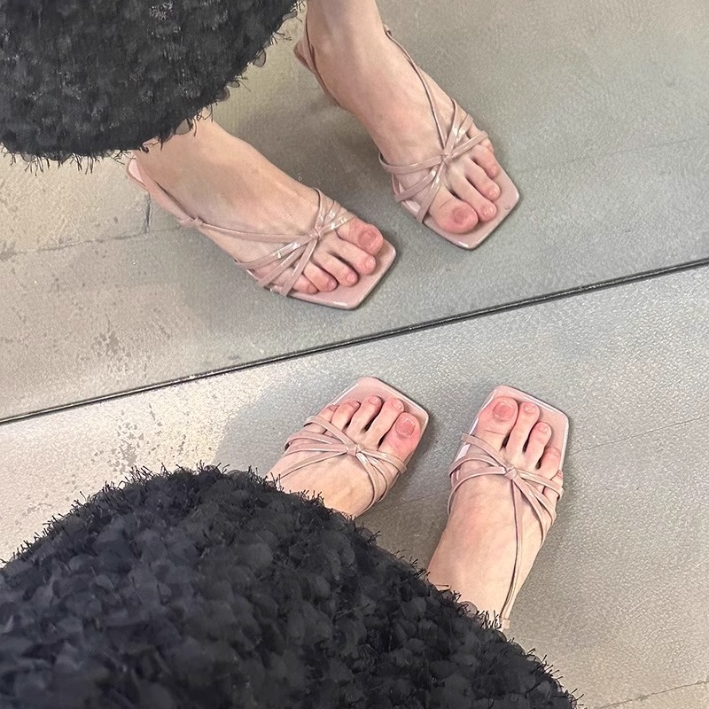 大码女鞋41一43胖脚宽肥法式绝美凉鞋女仙女风露趾方头细跟高跟鞋 - 图1