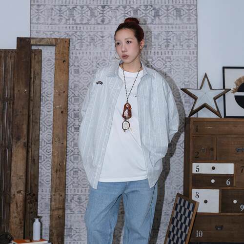 APOGE3阿保机 素色蓝白提花条纹衬衫男美式复古女拼色休闲宽松 - 图1