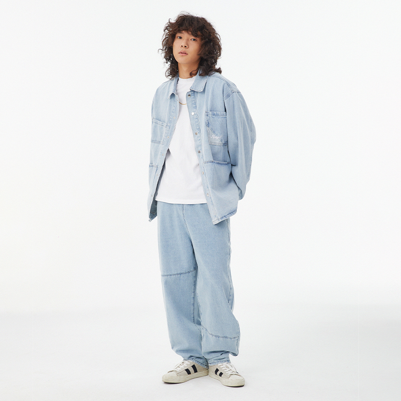 APOGE3阿保机 秋冬斜角水洗直筒牛仔裤男女宽松潮牌百搭阔腿长裤 - 图3