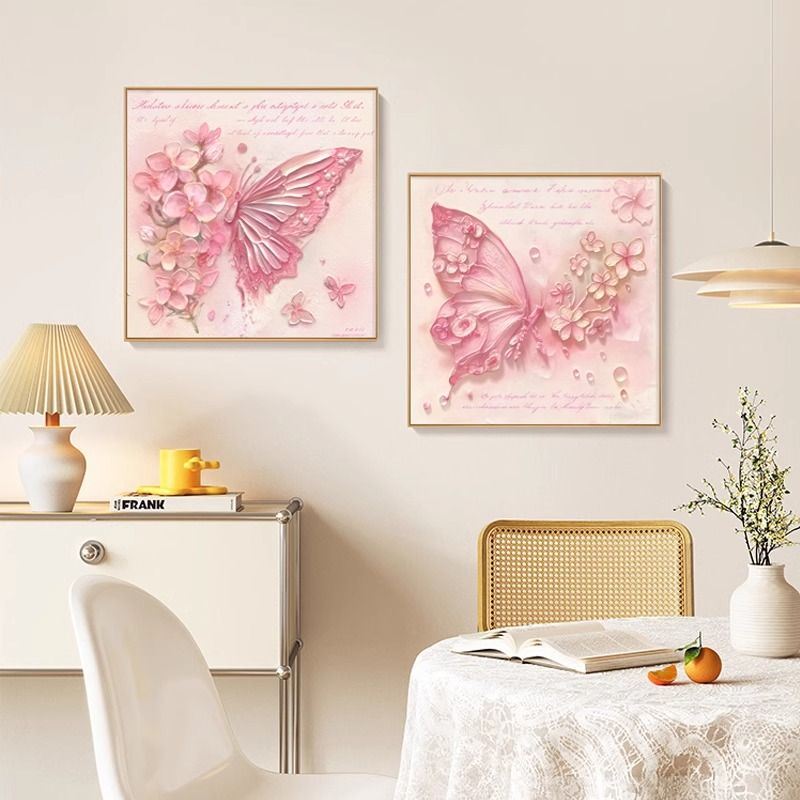 ins奶油风粉色蝴蝶花卉清新治愈挂画餐厅客厅玄关装饰画斗柜摆画 - 图1