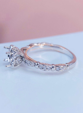 闭口时尚双色莫桑钻戒托S925纯银镀18K金1克拉钻戒指空托可定制女