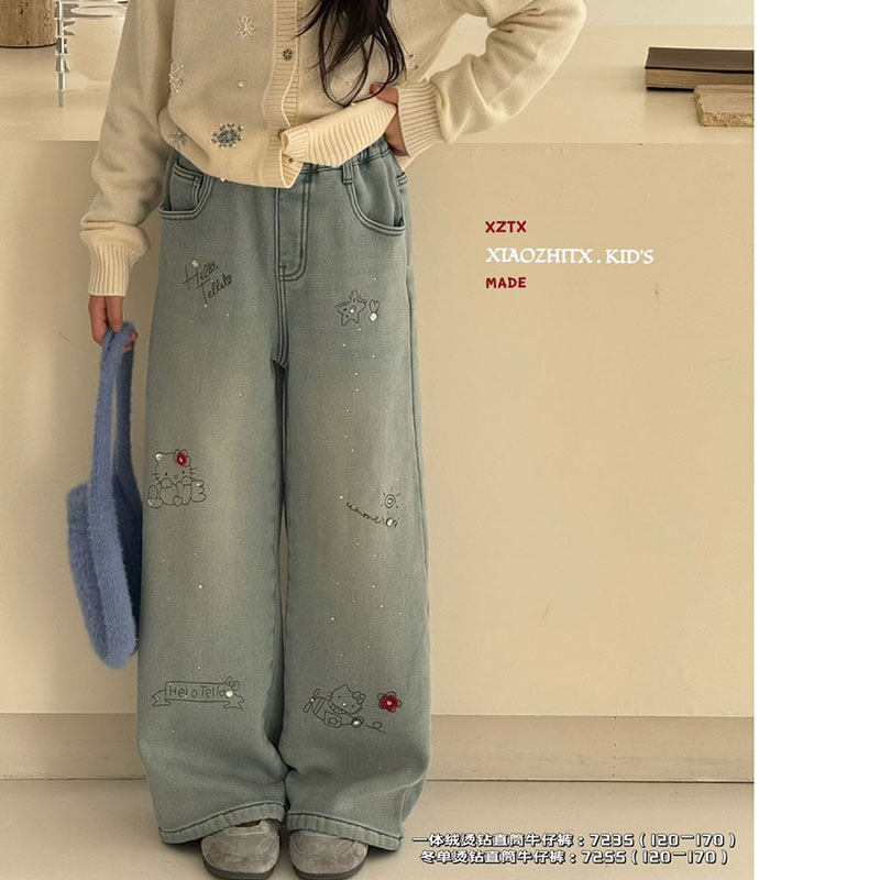 美妞之城女童加厚一体绒直筒牛仔裤中大童裤子 立体绣花 新年款,淘宝优惠券,粉丝福利购,淘宝优惠卷