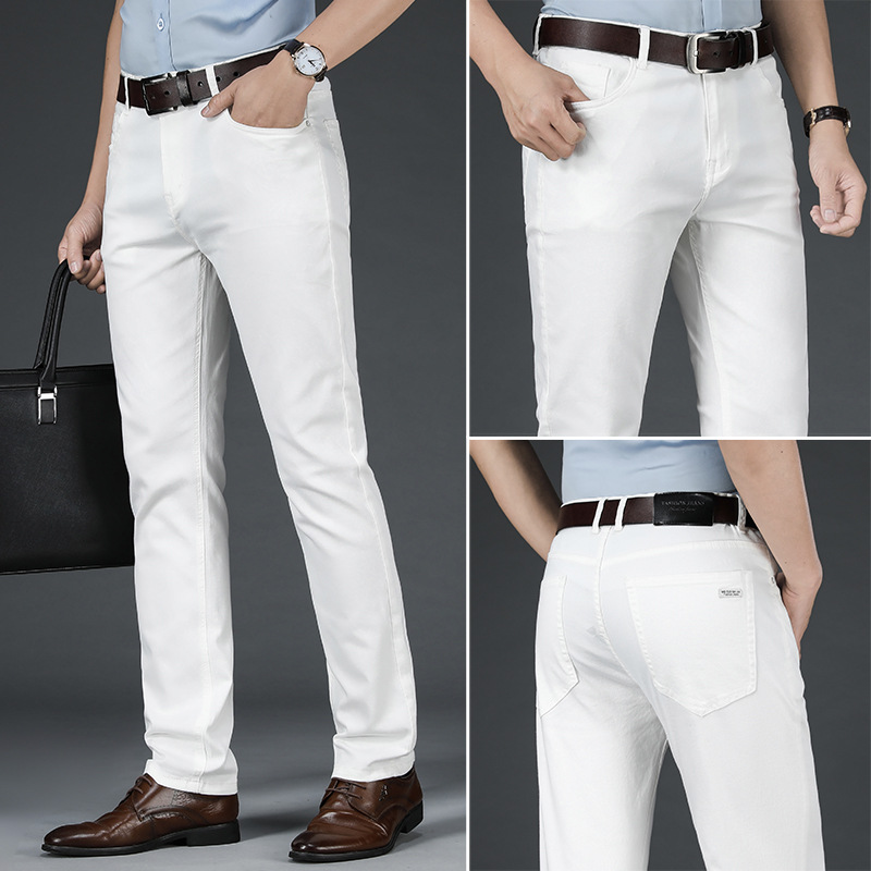 高端品牌品质男裤白色夏季新款男弹力长裤直筒修身纯白色牛仔裤男-图2