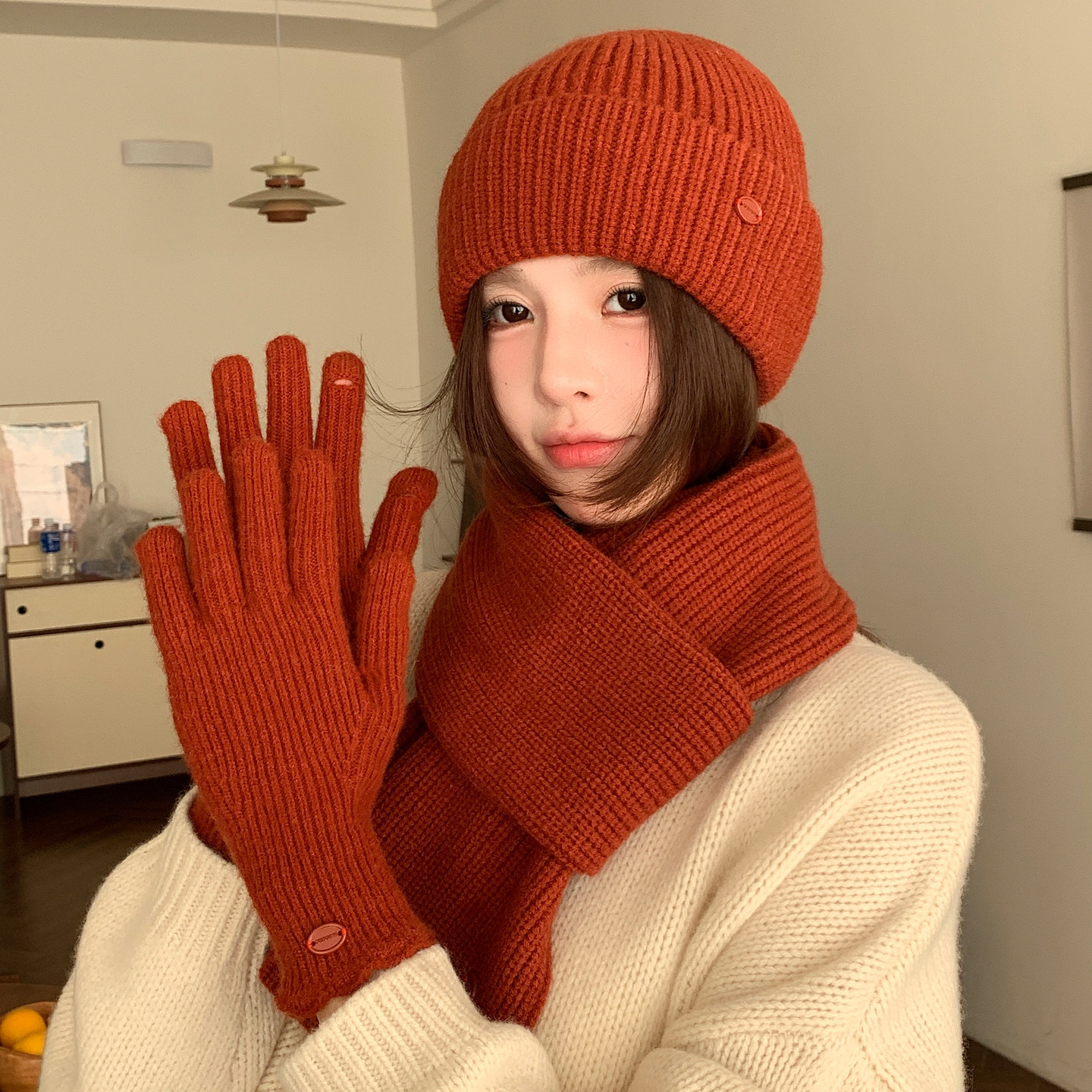 黄色围巾女款2025新款冬季韩版针织毛线帽子手套二三件套保暖围脖,淘宝优惠券,粉丝福利购,淘宝优惠卷