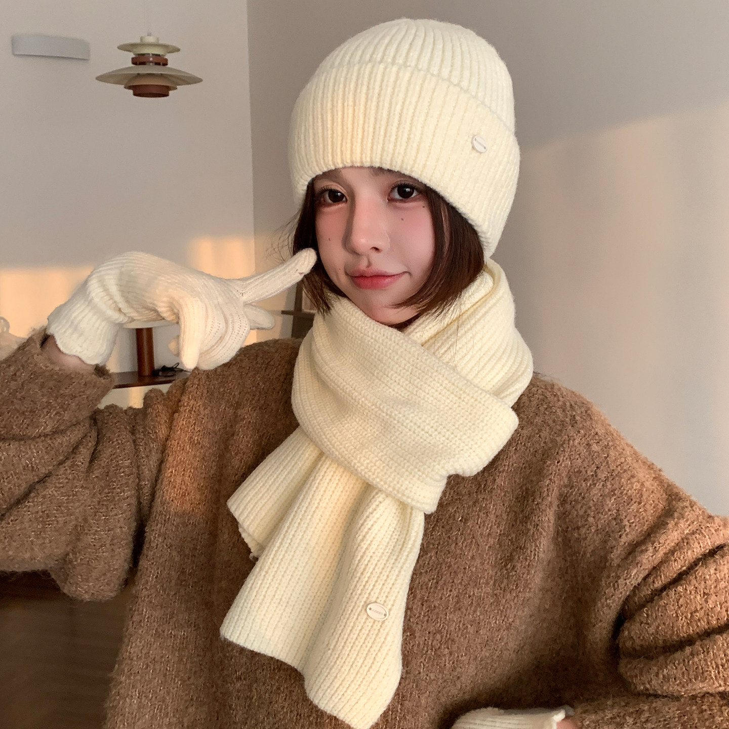 黄色围巾女款2025新款冬季韩版针织毛线帽子手套二三件套保暖围脖,淘宝优惠券,粉丝福利购,淘宝优惠卷