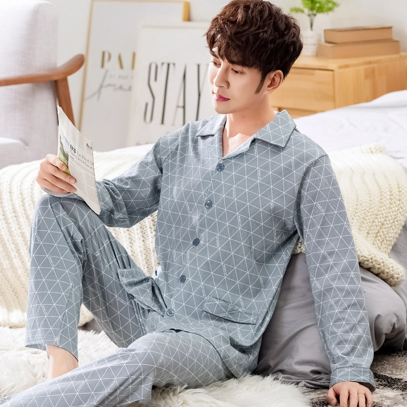 男士纯棉长袖天中年秋冬季加肥睡衣 美竹唯伊睡衣/家居服套装