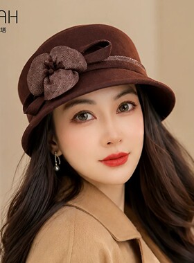 布塔秋冬千金风羊毛礼帽女定型帽时尚圆顶帽子高级感显脸小毛呢帽