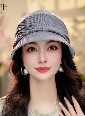 布塔春夏季桑蚕丝渔夫帽女百搭褶皱设计真丝遮阳帽防晒遮阳帽洋气