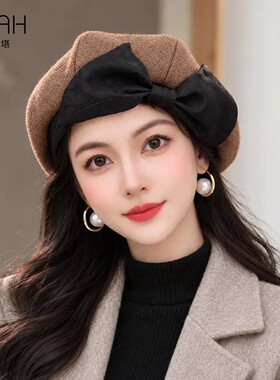 布塔复古画家帽英伦风贝雷帽女秋冬毛呢八角帽黑色蝴蝶结装饰帽子