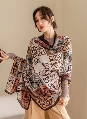 高级感轻奢围脖女秋冬冬季两用围巾披春秋棉麻老花灰色绿色条纹
