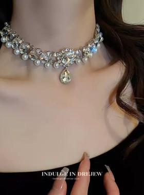 巴洛克珍珠项链女款夸张重工锆石晚礼服生日新娘毛衣链子颈链配饰