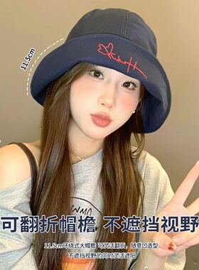 夏季牛仔渔夫帽女2026新款大帽檐显脸小遮阳帽子蓝色可折叠柔软