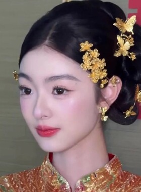 新娘金色花朵发梳秀禾喜庆头饰侧边龙凤褂旗袍配饰百搭女中式婚礼