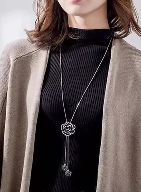 2025年新款潮长款玫瑰花毛衣链女秋冬同款高端配饰项链玫瑰金流苏