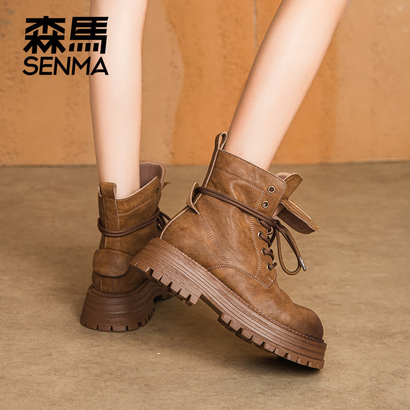 森马2025秋新款复古马丁靴女款百搭小个子加绒厚底百搭高帮短靴 - 图1