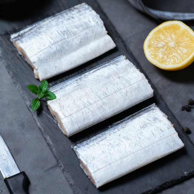 Shandong Huang Bo Sea hairtail fresh frozen ice-locked fresh section sub-tail section hairtail small eye saury section seafood aquatic products