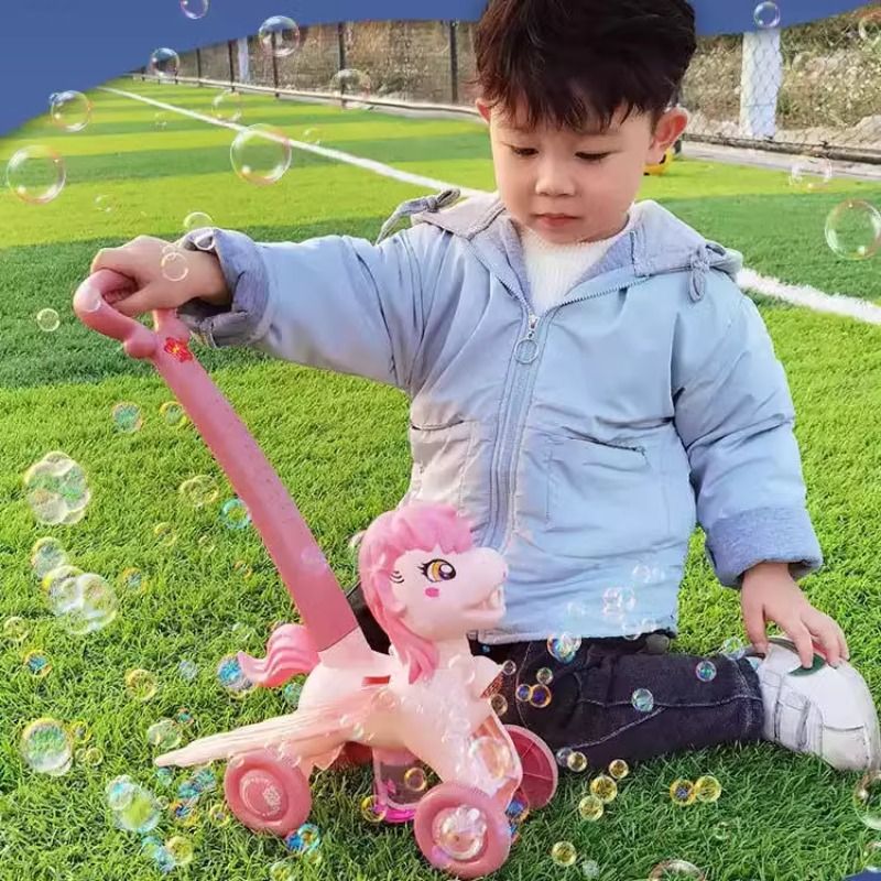六一节儿童爆款婴儿儿童手持玩具礼物泡泡枪自动小马手推车泡泡机 - 图0