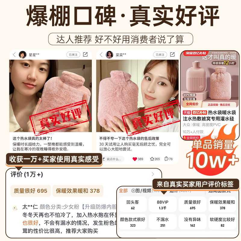 热水袋暖水袋注水式毛绒暖手宝暖脚被窝专用灌水硅胶暖手袋暖宝宝 - 图1