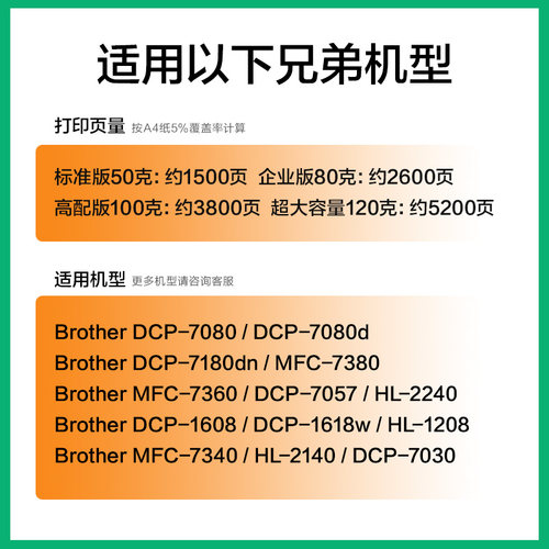 适用兄弟打印机墨粉7080d dcp1618w 1608 7057 7180dn mfc7360 7380 7340 TN2215 2225 2325 1035碳粉裕品 - 图0