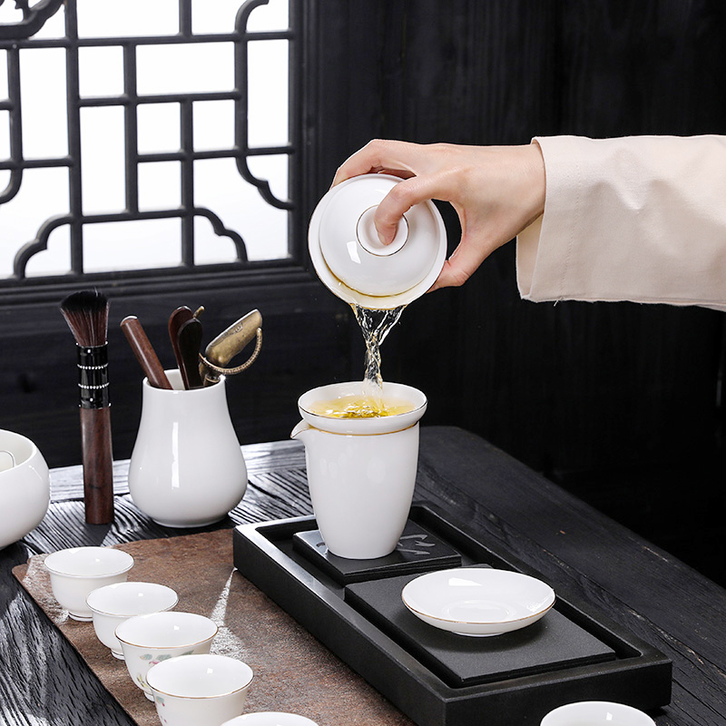 羊脂玉功夫茶具套装家用客厅泡茶壶办公室会客高档白瓷盖碗茶杯