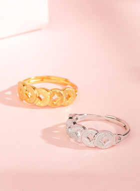 s925纯银五帝币钱多多戒指女车花爆闪碎碎冰指环精致新中式