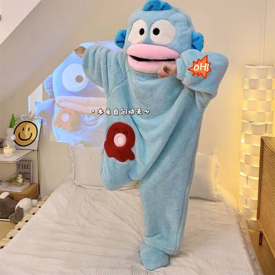丑鱼儿童可爱搞怪连体睡衣亲子法兰绒秋冬季加厚珊瑚绒睡袍家居服