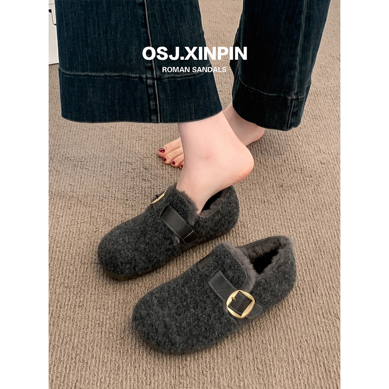 灰色两穿毛呢勃肯鞋女2025冬季新款百搭加绒保暖一脚蹬厚底棉鞋子,淘宝优惠券,粉丝福利购,淘宝优惠卷