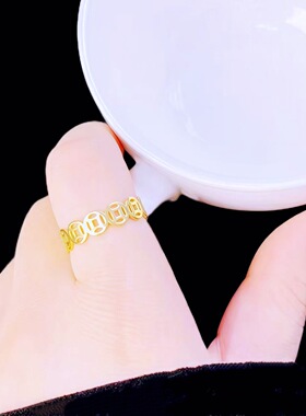 古法沙金戒指铜钱不掉色素圈旺财偏财戒指男士女士招财转运戒指