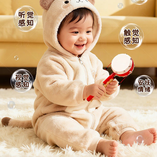 中国风传统拨浪鼓婴儿可啃咬双面羊皮鼓早教益智玩具儿童礼品情绪 - 图0