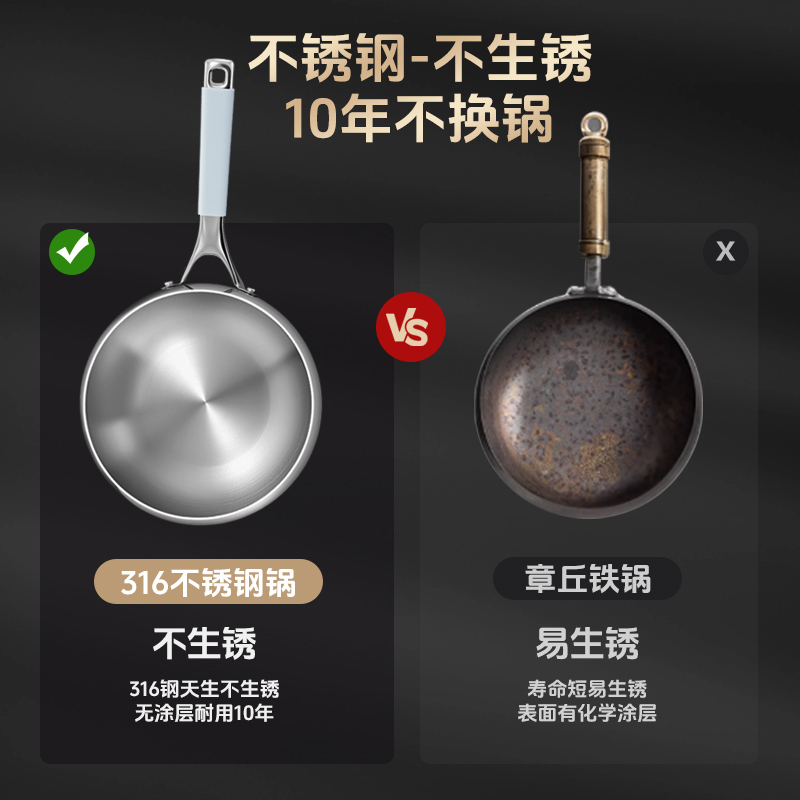 铿锵316不锈钢无涂层大肚锅汤锅家用平底炒菜锅燃气电磁炉专用 - 图3
