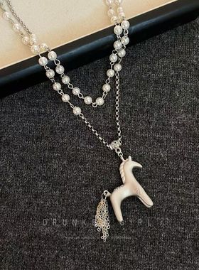 好运马上来~银灰色小马珍珠项链秋冬百搭长款多层叠戴毛衣链配饰