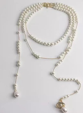 三层不对称施家珍珠毛衣链项链女法式破碎多层高级感锁骨项链女