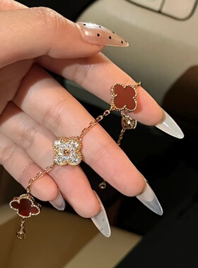 高版本五花四叶草轻奢红玛瑙镀18k金手链显白高级感不掉色