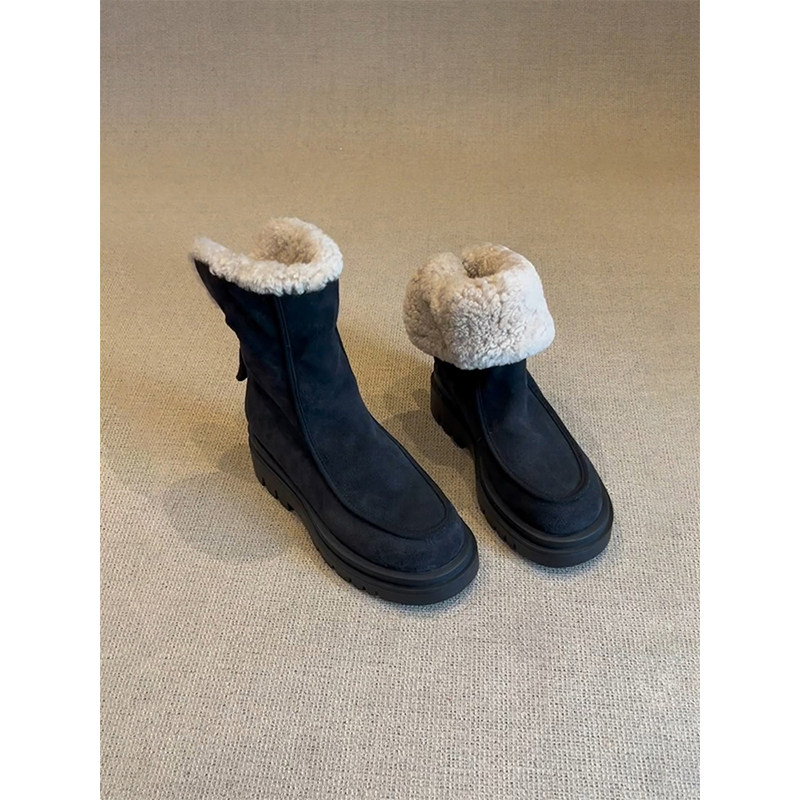 牛皮版~厚底冬季加绒外穿毛毛棉靴女短筒靴羊羔毛雪地靴黑色中筒,淘宝优惠券,粉丝福利购,淘宝优惠卷