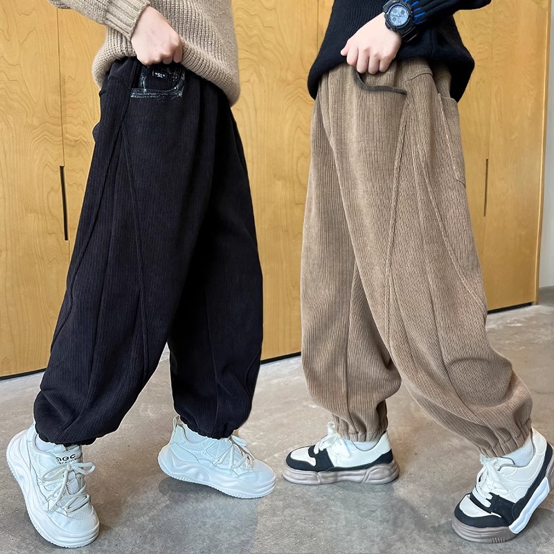 男童加绒裤子秋冬款2025新款儿童灯芯绒休闲裤冬季中大童男孩长裤 - 图0