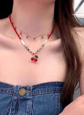 【撞色红樱】甜美彩色串珠项链红色氧气车厘子樱桃叠戴锁骨链颈链