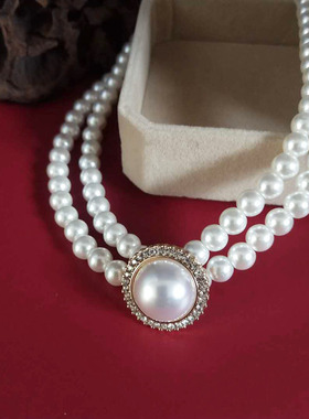 复古镶钻玻璃珍珠项链耳饰套装 优雅时尚旗袍婚纱精致饰品