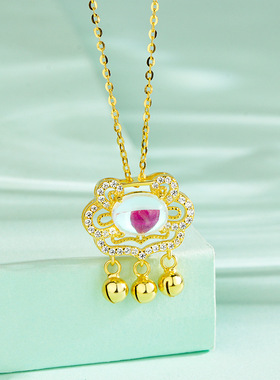 s925纯银长命锁项链女蓝色月光石平安如意锁吊坠时尚百搭秋冬新款