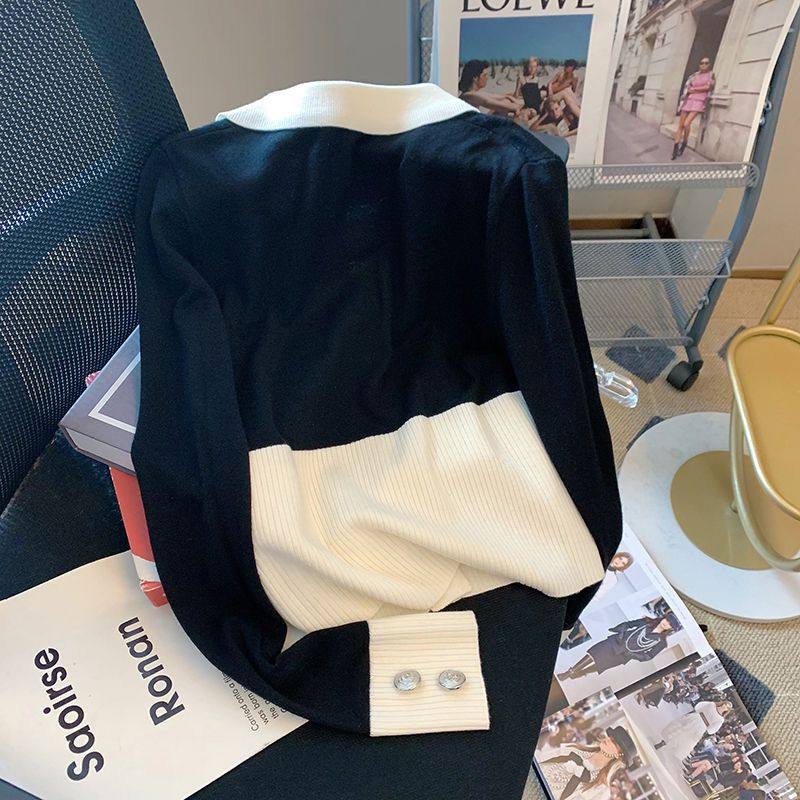 小香风撞色拼接针织衫女秋2025新款时尚高端大码内搭翻领上衣开衫,淘宝优惠券,粉丝福利购,淘宝优惠卷
