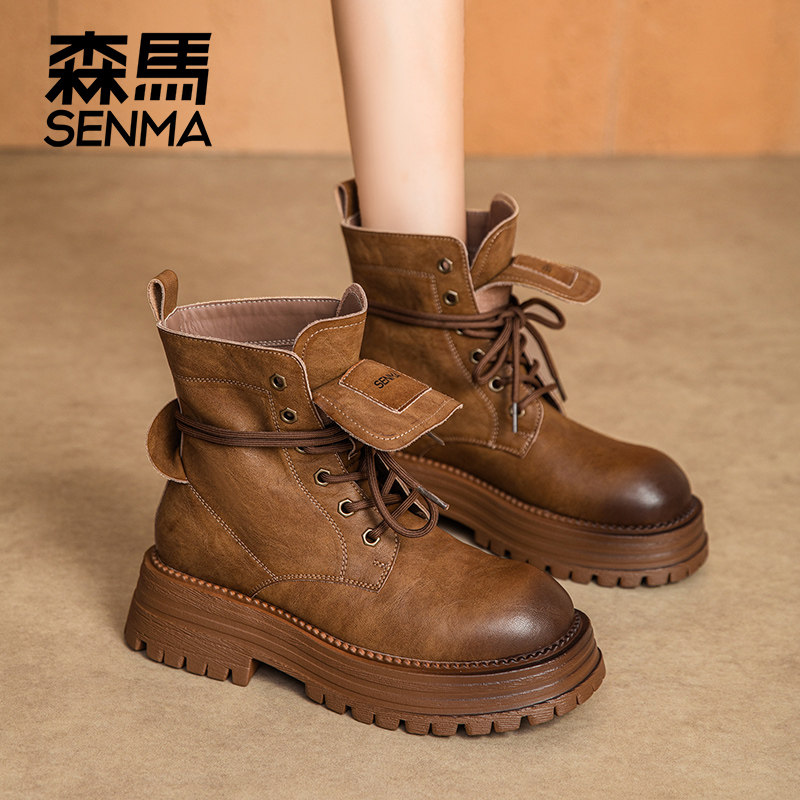 森马2025秋新款复古马丁靴女款百搭小个子加绒厚底百搭高帮短靴 - 图2